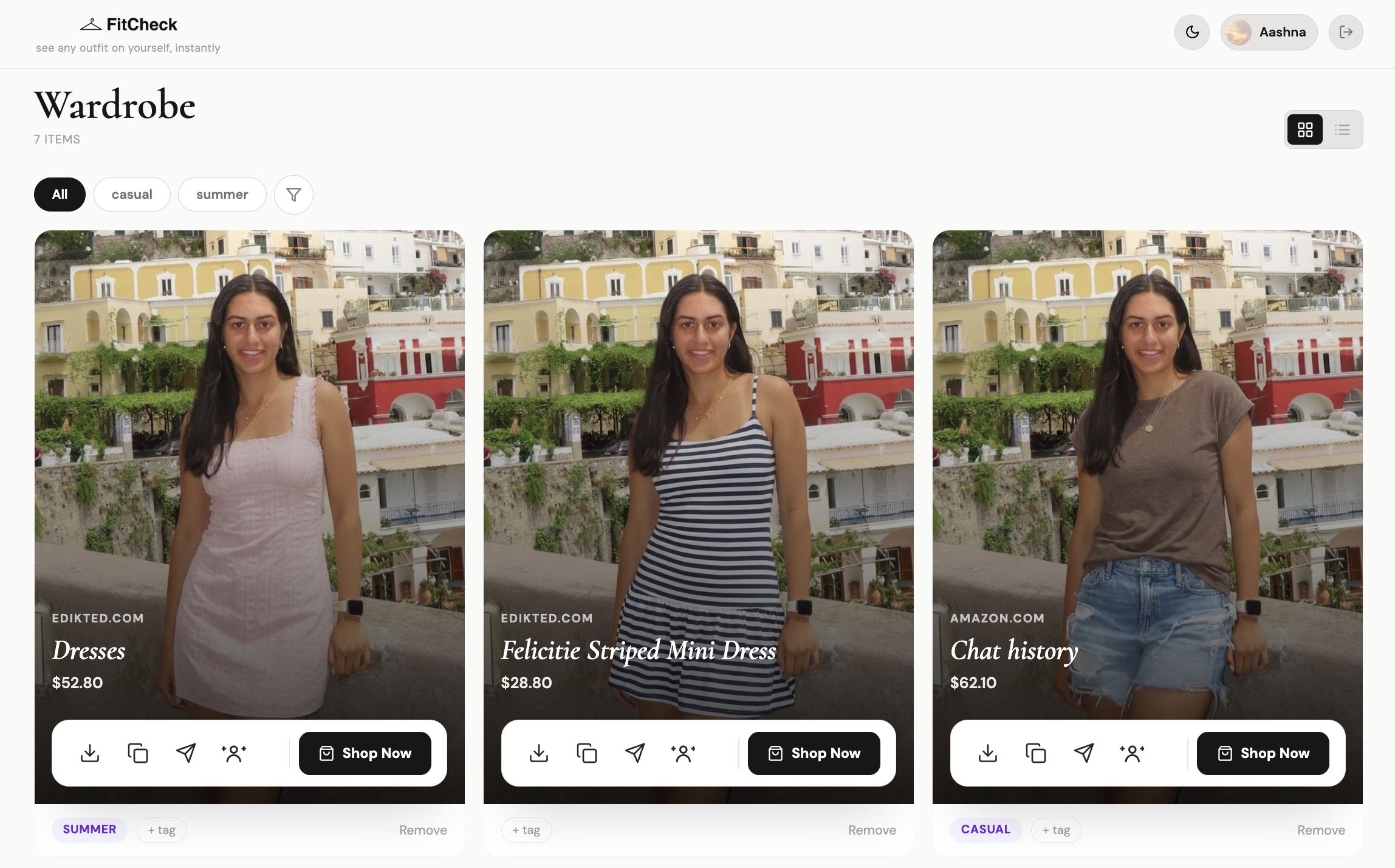 FitCheck wardrobe showing saved AI try-on cards with tags and quick actions